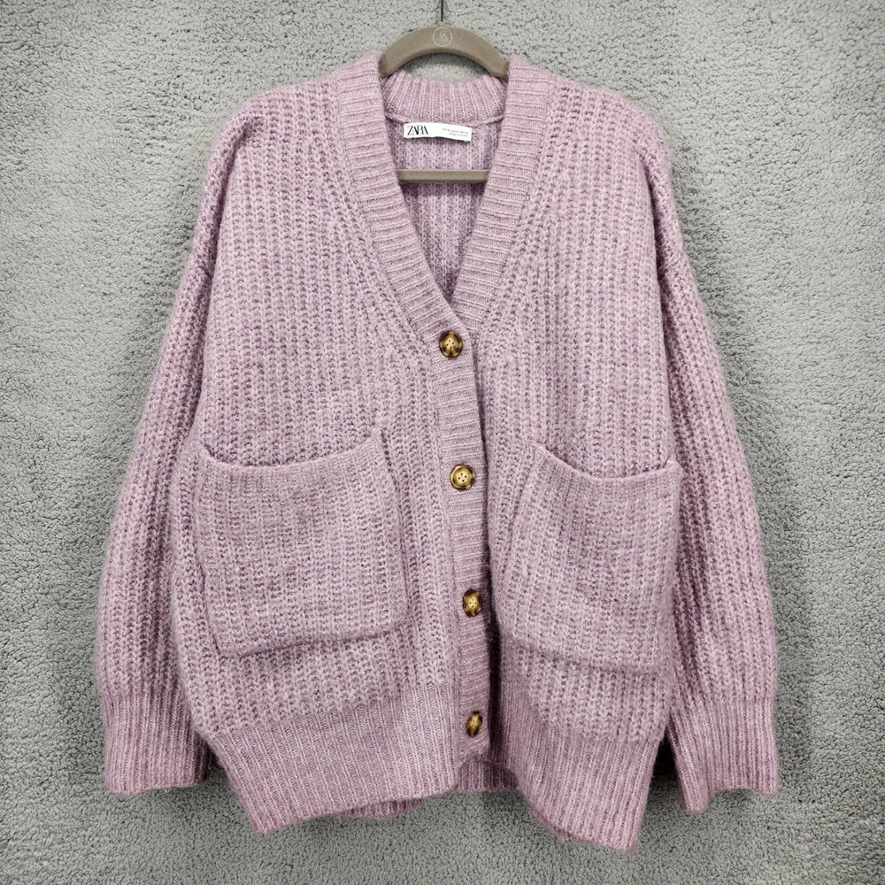 Zara Womens Small Lavender Purple Chunky Knit Wool Alpaca Blend Cardigan Sweater